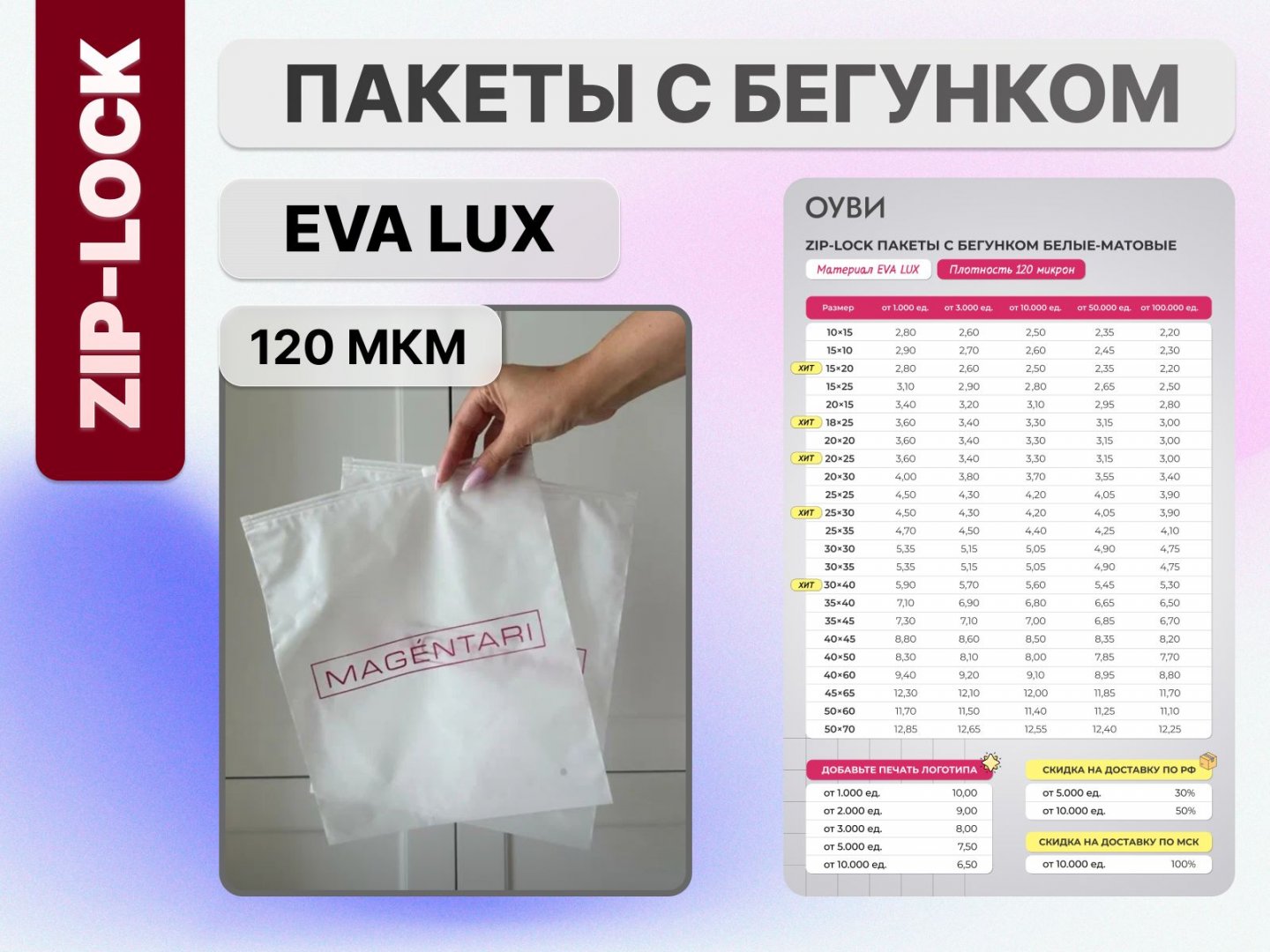 Продам в городе Москва, Зип лок пакеты с бегунком с нанесением логотипа, зип-лок пакеты С